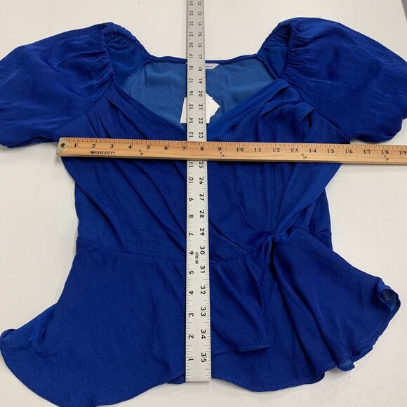 Naked Zebra Puff Sleeve Wrap Blouse Womens S Small Blue Flounce Hem Button Close - Picture 8 of 12